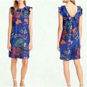 J Crew Silk Tropical Floral Flutter Ruffle Shift Dress 00 0 XS